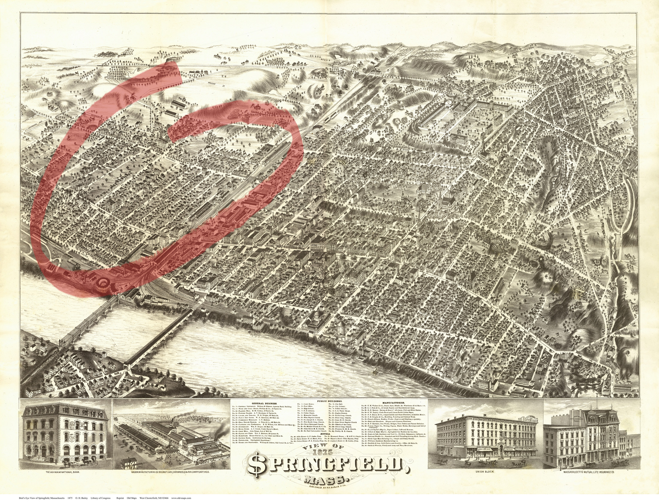 1875 Map of Springfield. The North End is circled.
(Courtesy of Connecticut Valley Historical Society)